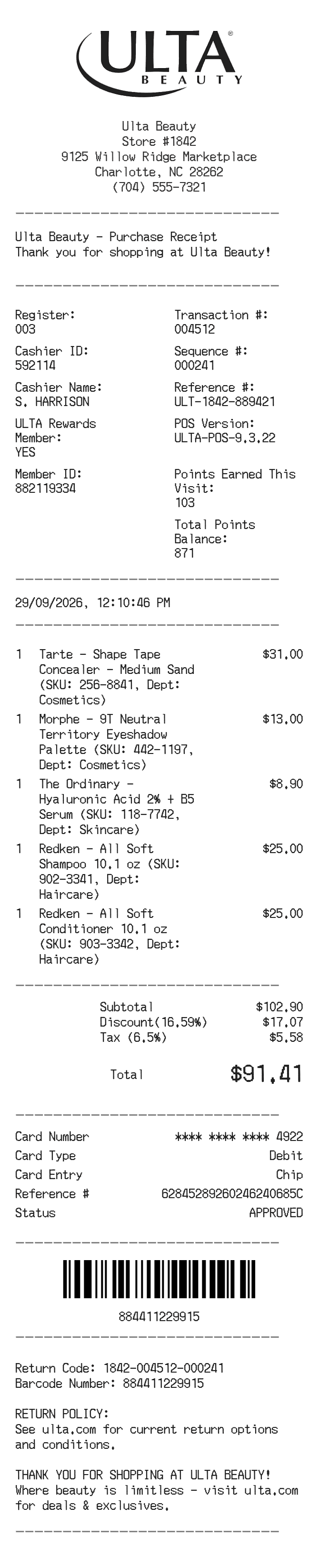 Ulta Receipt — example receipt