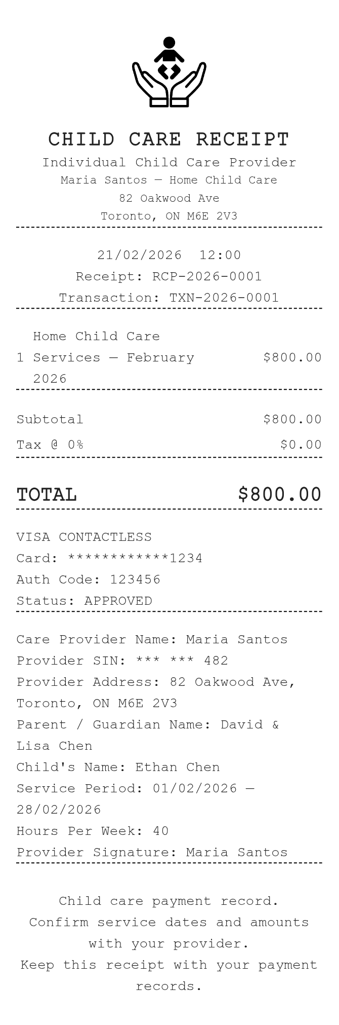 Child Care Receipt — example receipt