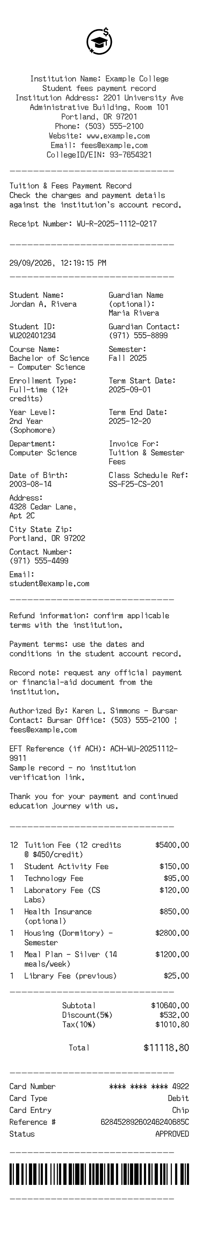 College Fees Receipt — example receipt