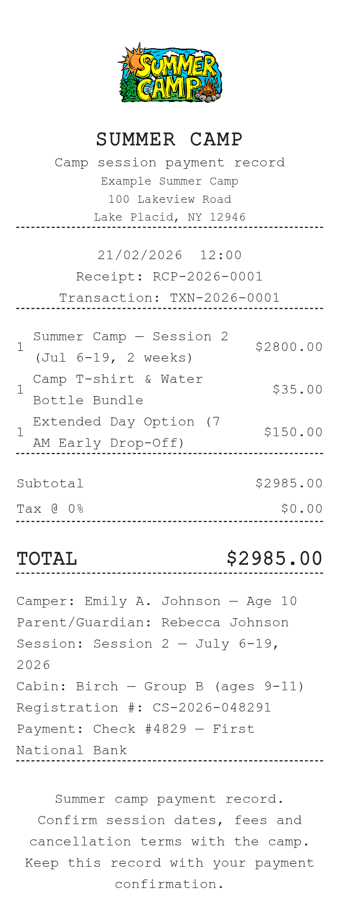 Summer Camp Receipt — example receipt