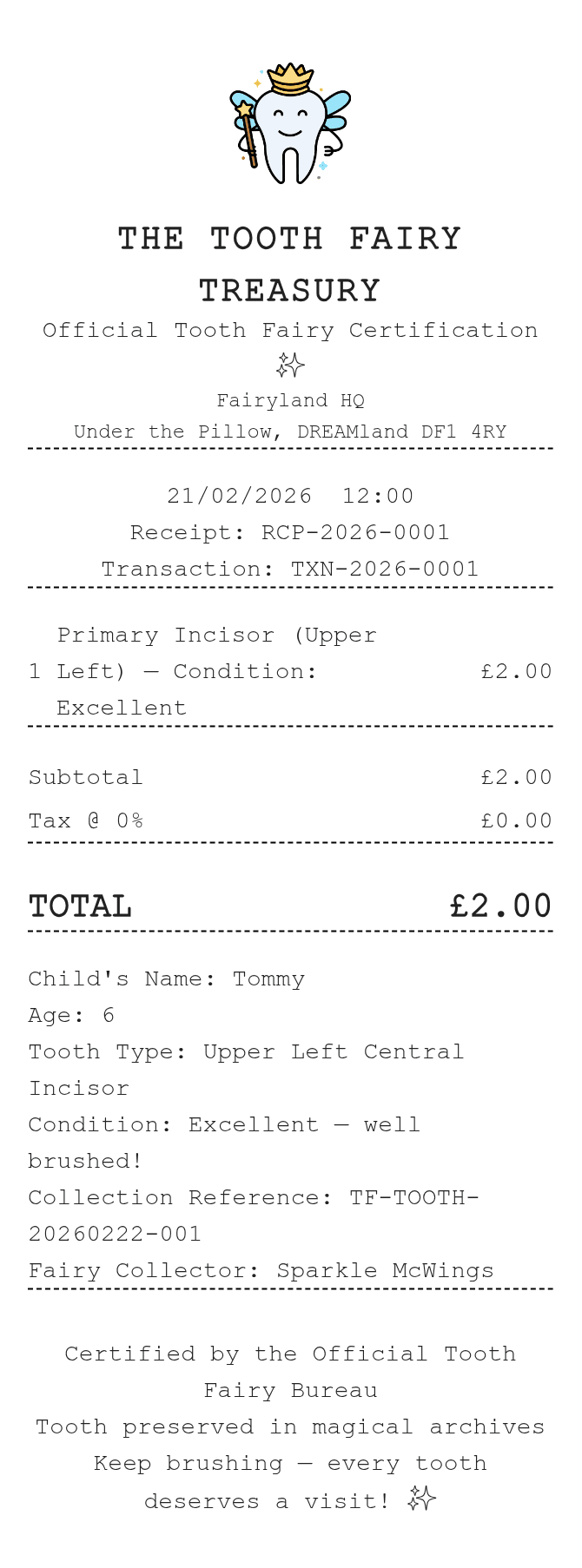 Tooth Fairy Receipt — example receipt
