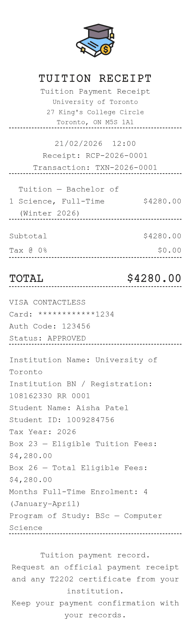 Tuition Receipt — example receipt