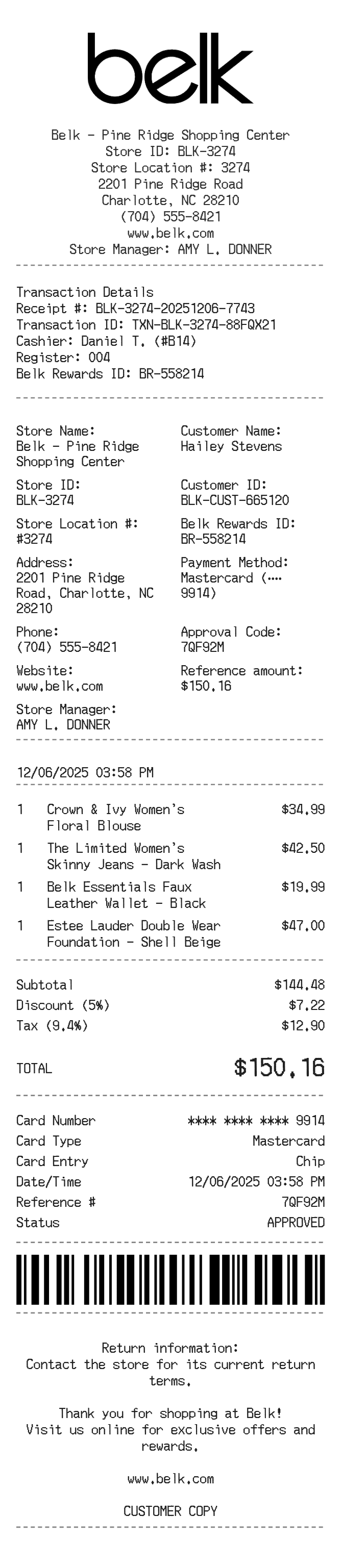 Belk Receipt — example receipt