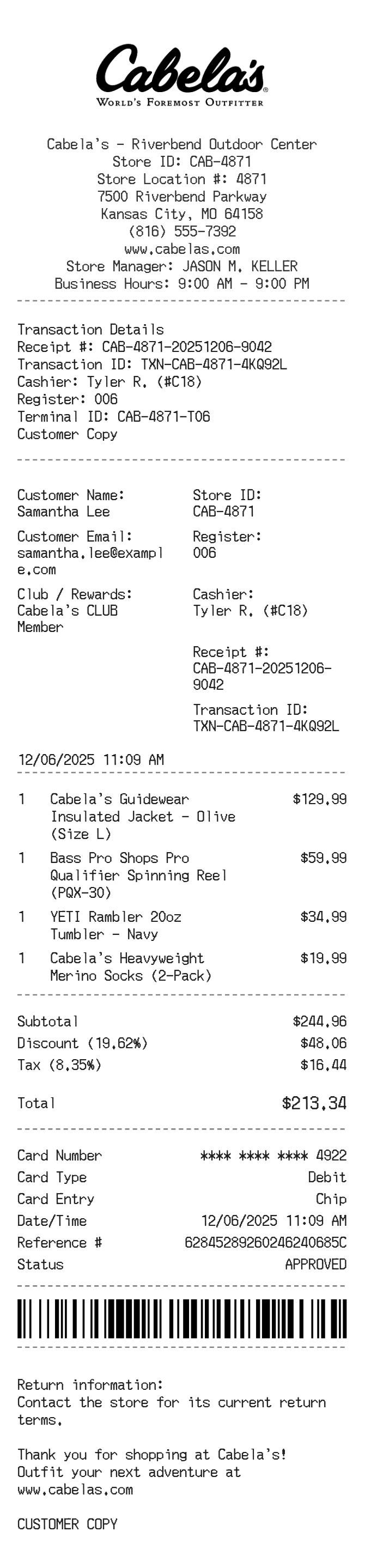 Cabela's Receipt — example receipt