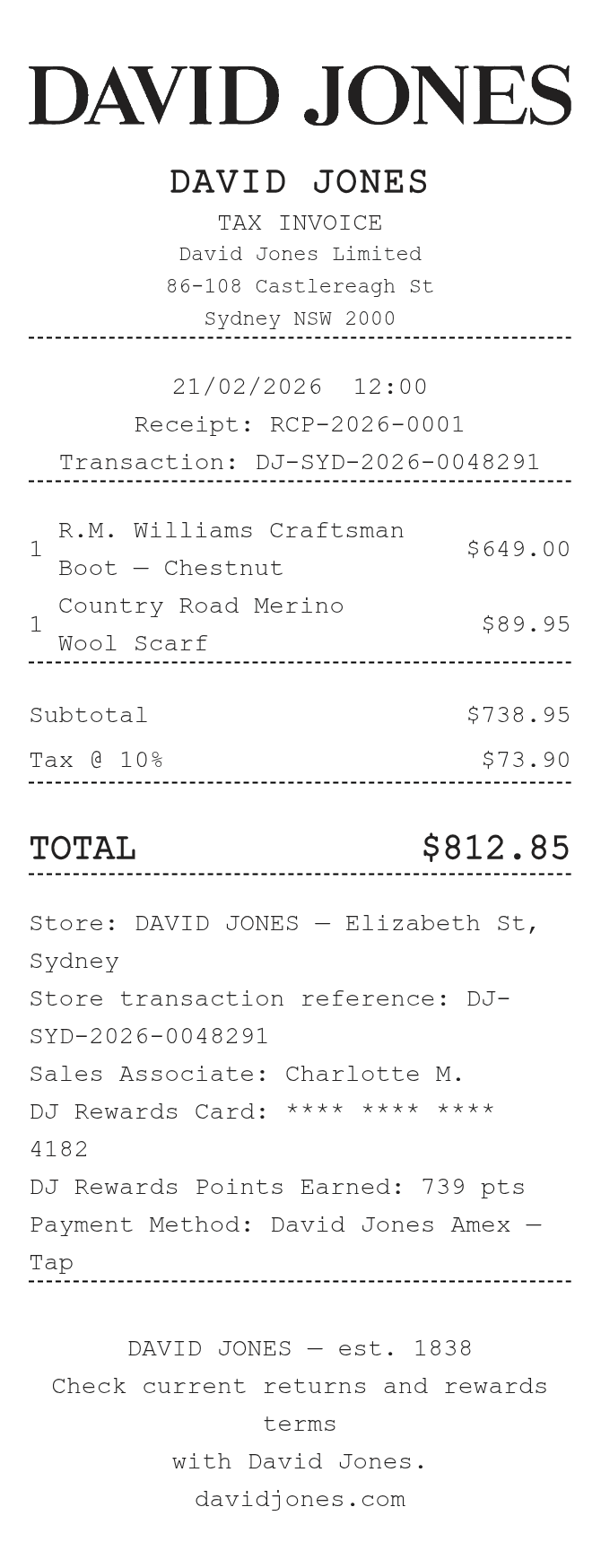 David Jones Receipt — example receipt