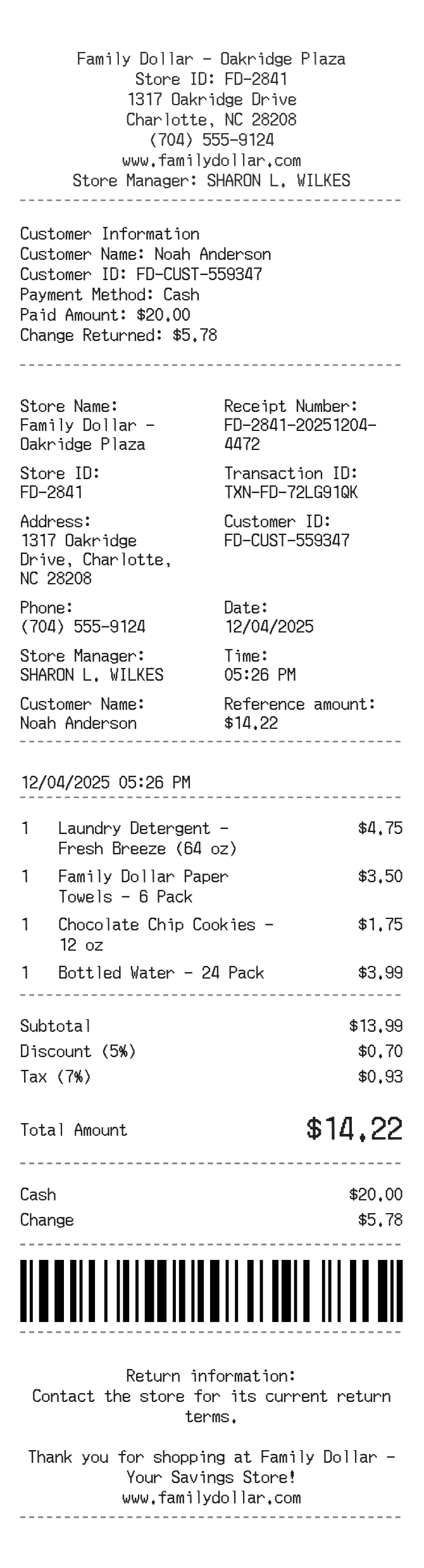 Family Dollar Receipt — example receipt