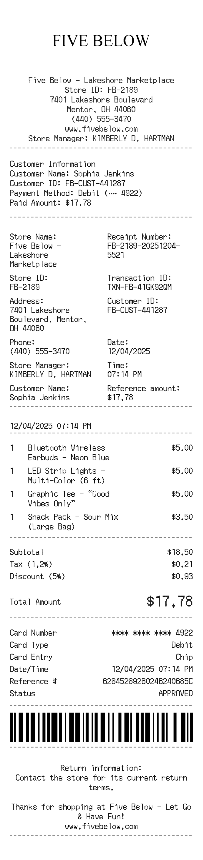 Five Below Receipt — example receipt