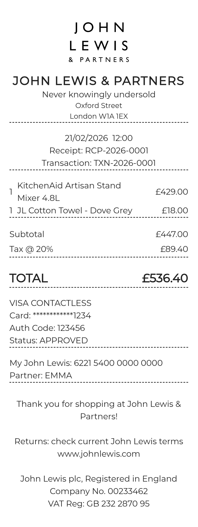 John Lewis Receipt — example receipt