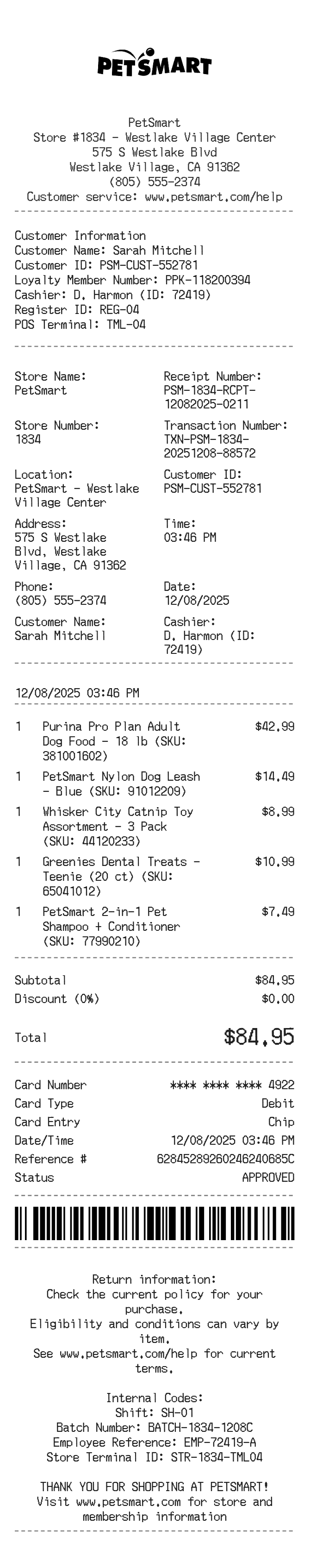 PetSmart Receipt — example receipt