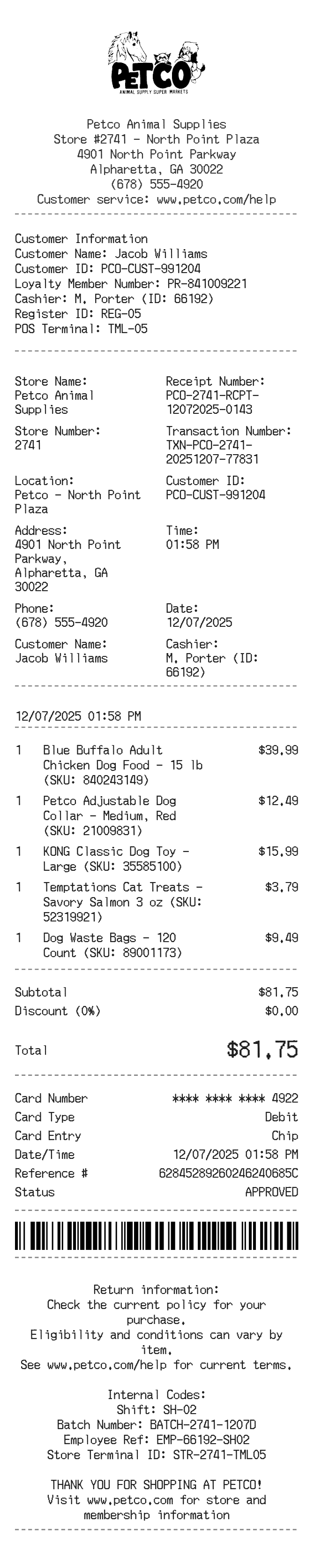 Petco Receipt — example receipt