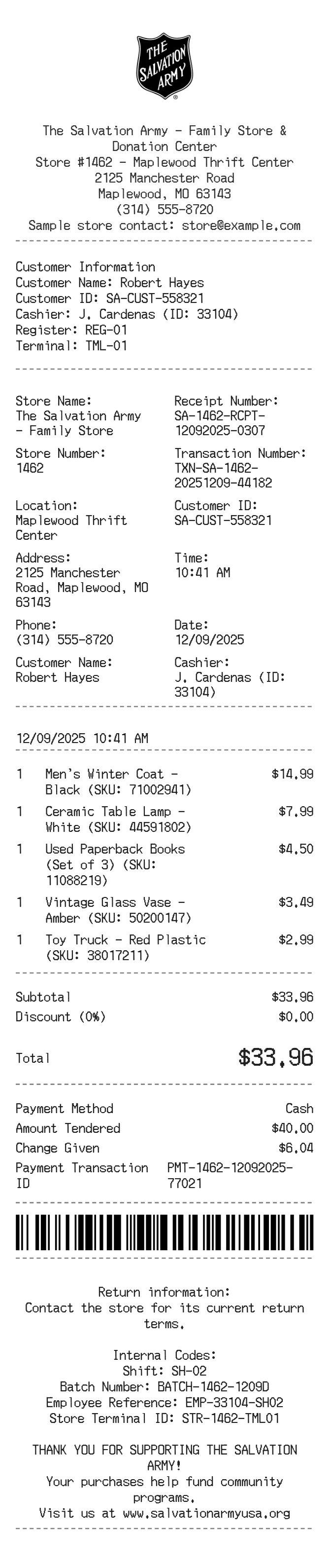 Salvation Army Receipt — example receipt