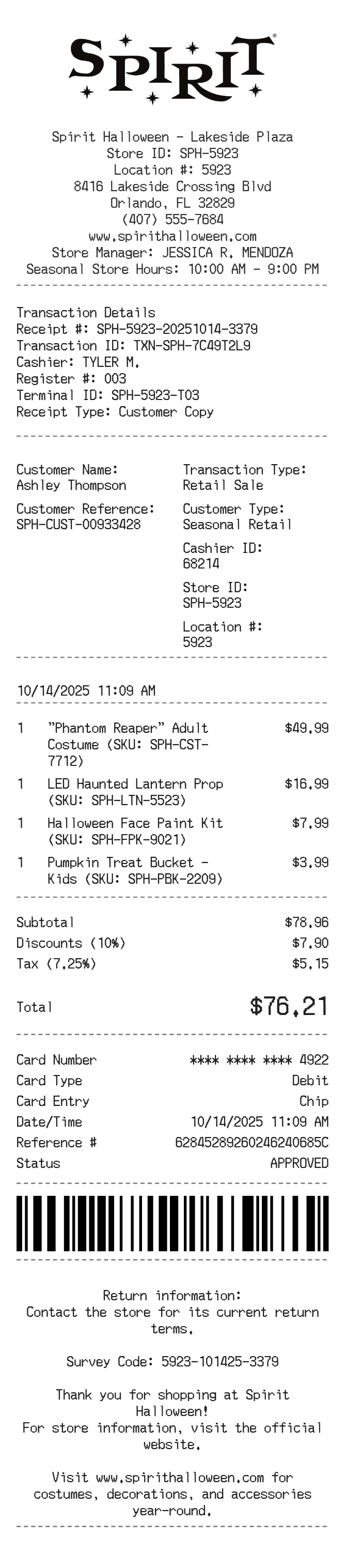 Spirit Halloween Receipt — example receipt