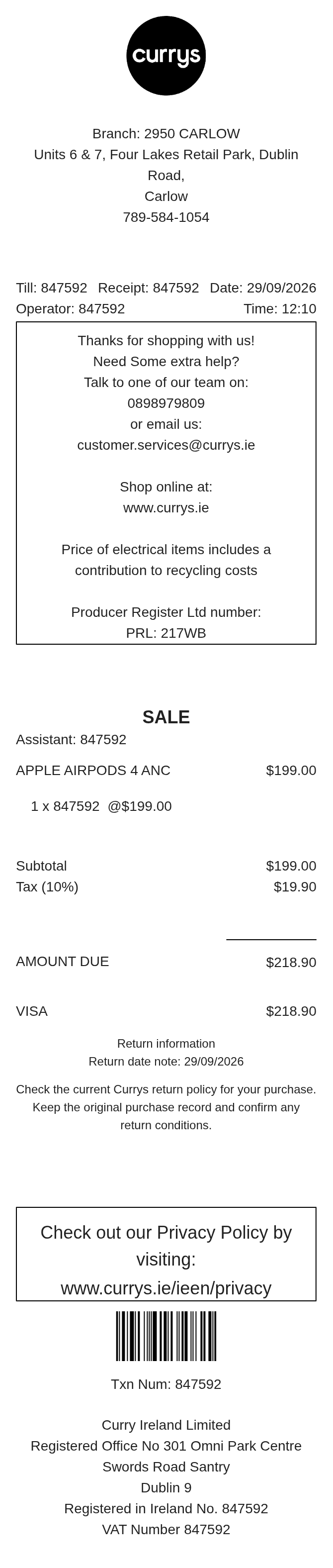 Currys Receipt — example receipt