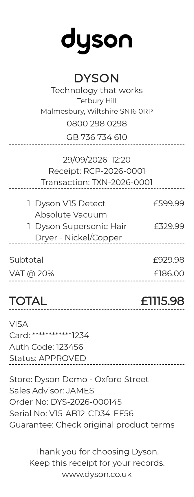 Dyson Receipt — example receipt