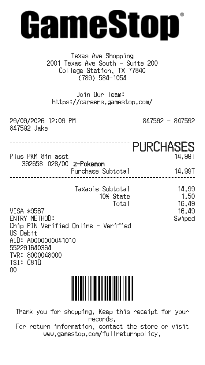 GameStop Receipt — example receipt