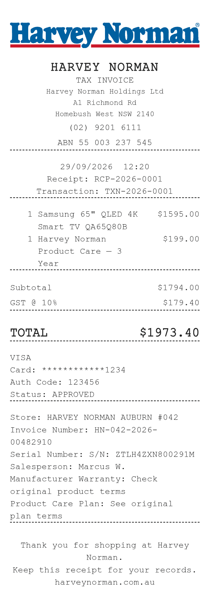 Harvey Norman Receipt — example receipt