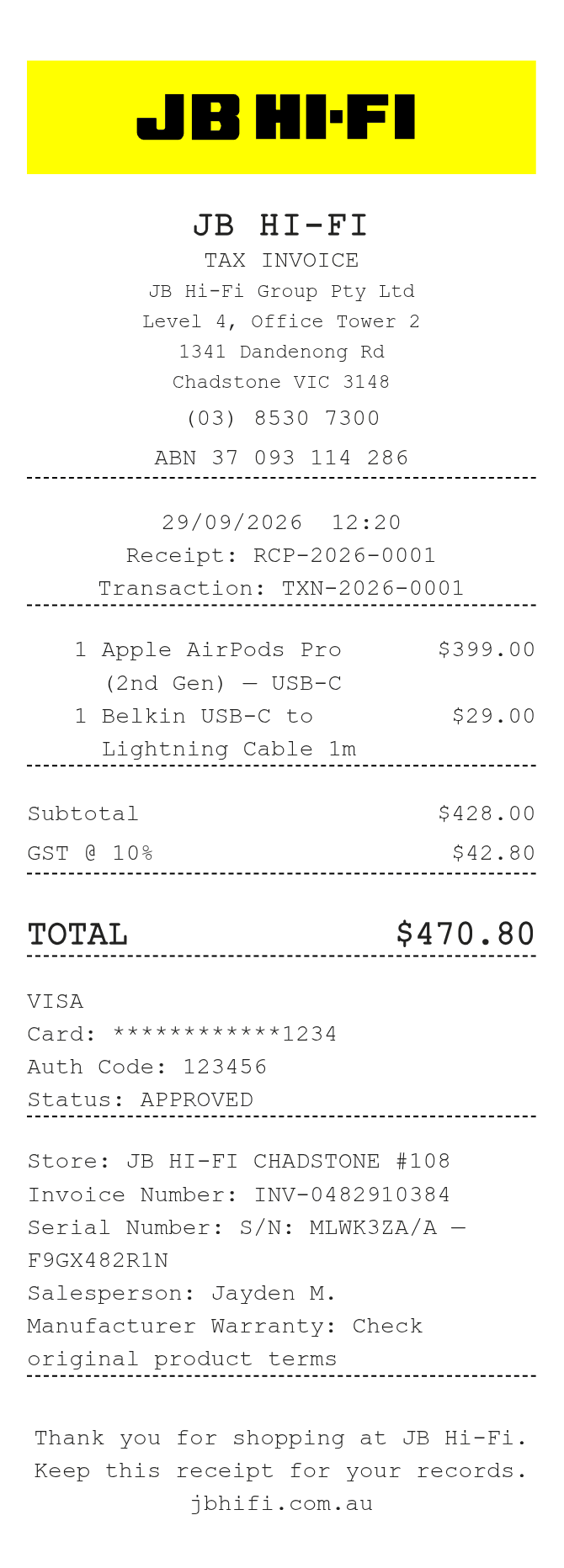 JB Hi Fi Receipt — example receipt