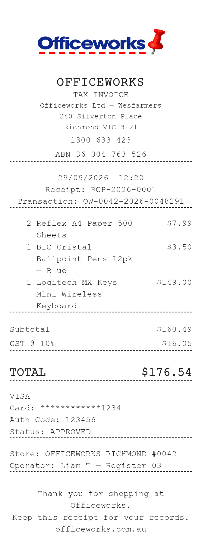 Officeworks Receipt — example receipt