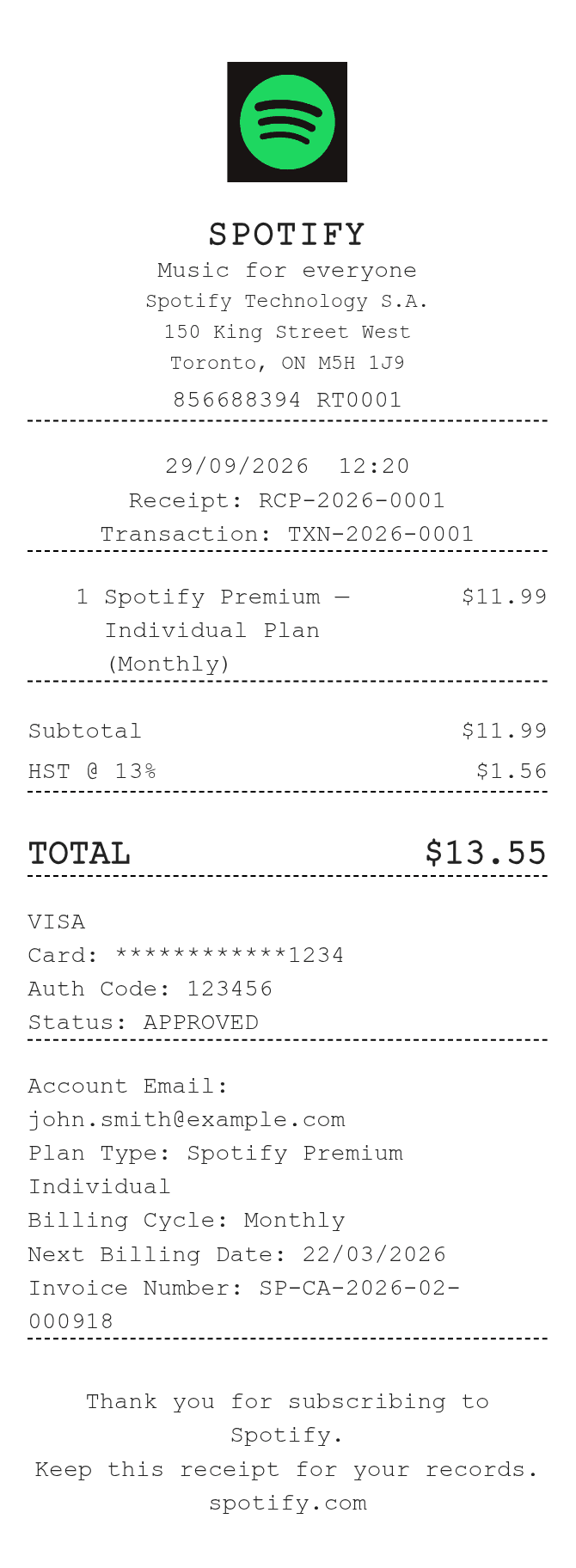 Spotify Canada Receipt — example receipt