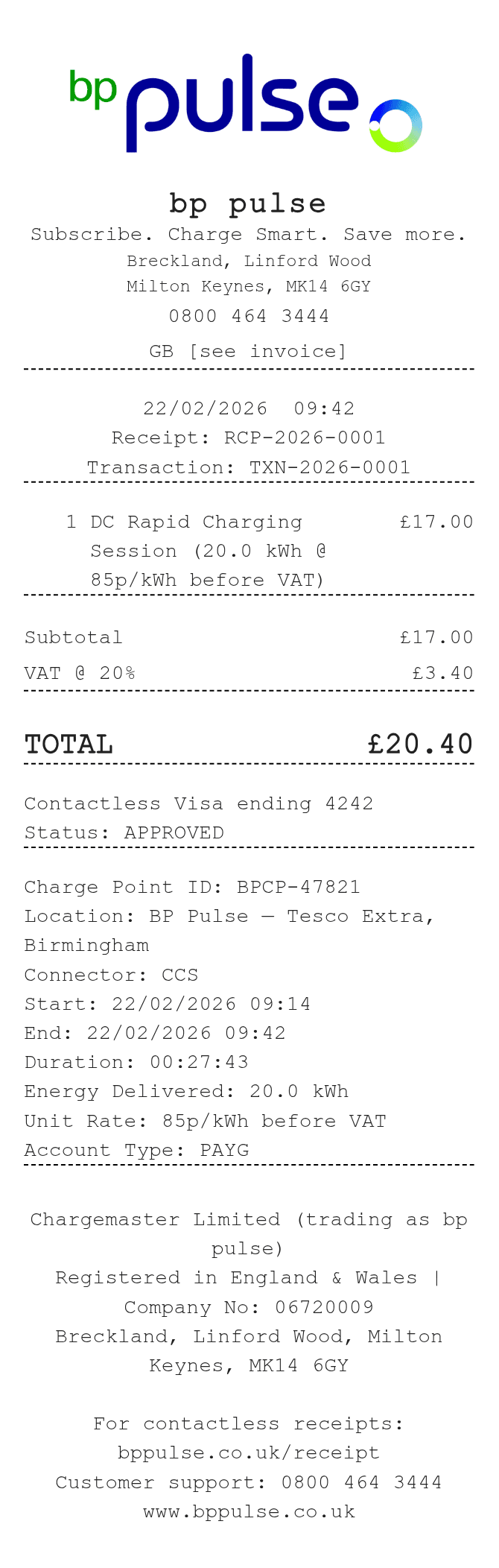 BP Pulse Receipt — example receipt