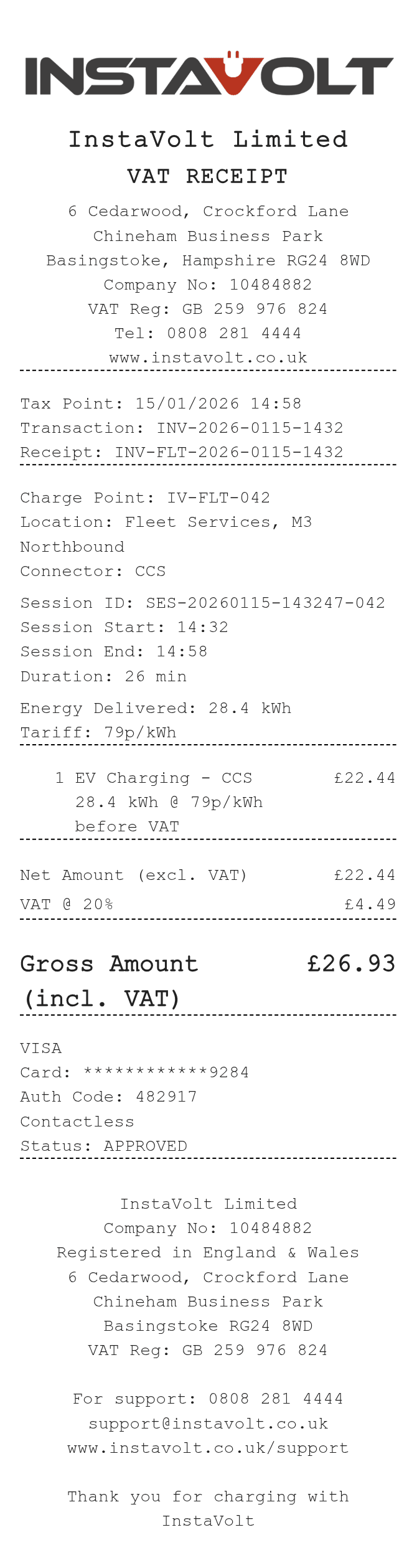 Instavolt Receipt — example receipt