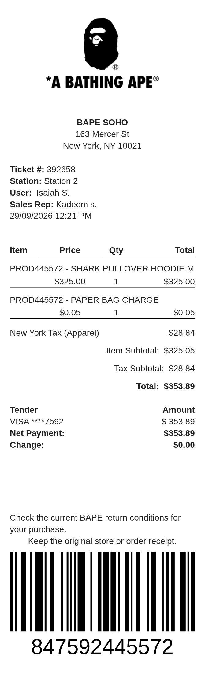 Bape Receipt — example receipt