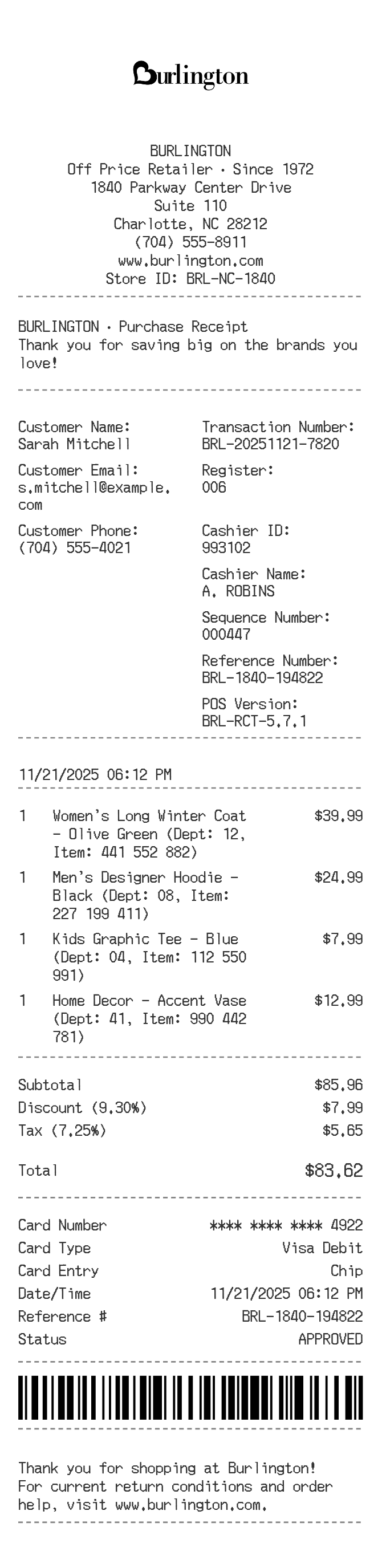 Burlington Receipt — example receipt