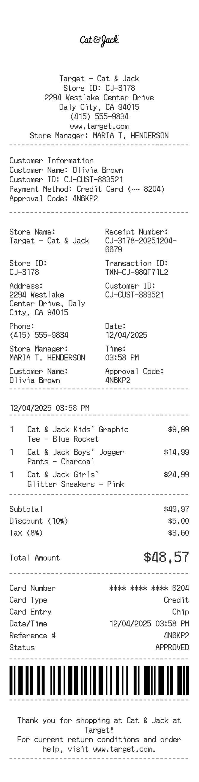Cat & Jack Receipt — example receipt