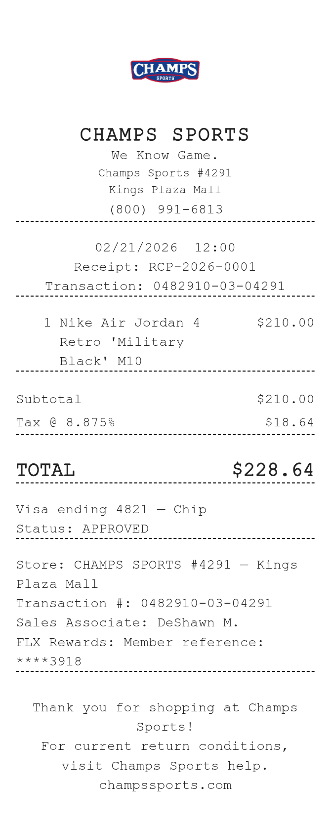 Champs Sports Receipt — example receipt