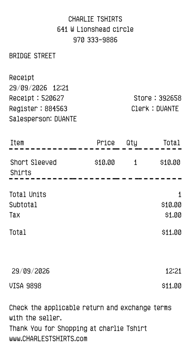 Clothing Receipt — example receipt