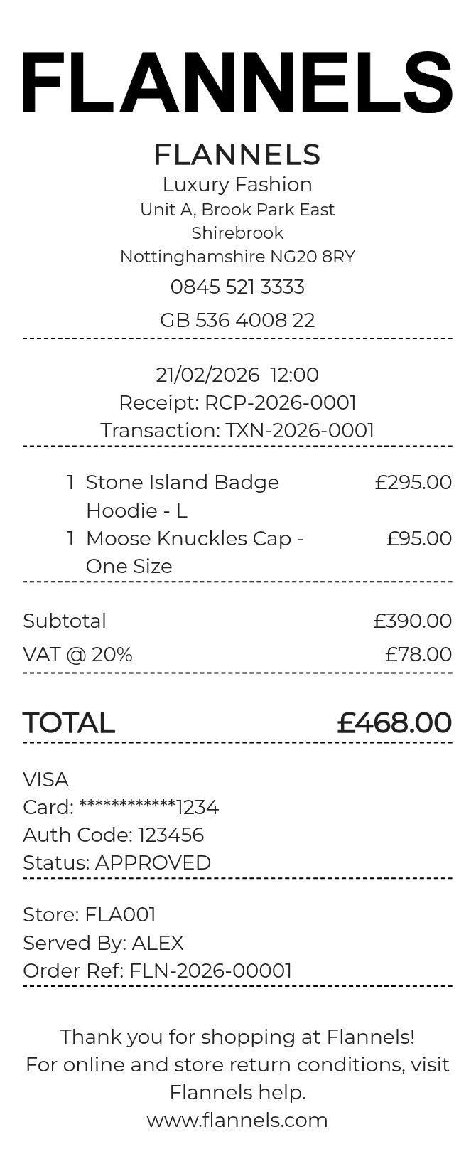 Flannels Receipt — example receipt