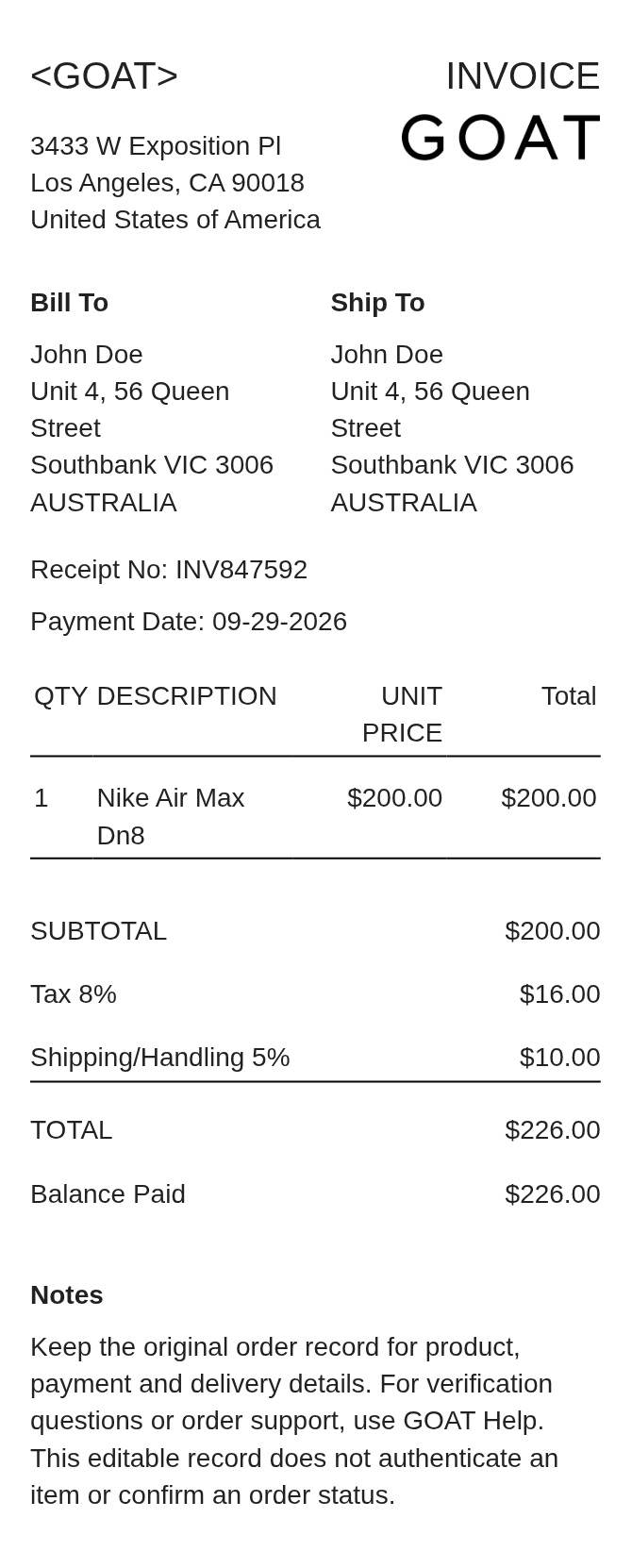 GOAT Receipt — example receipt