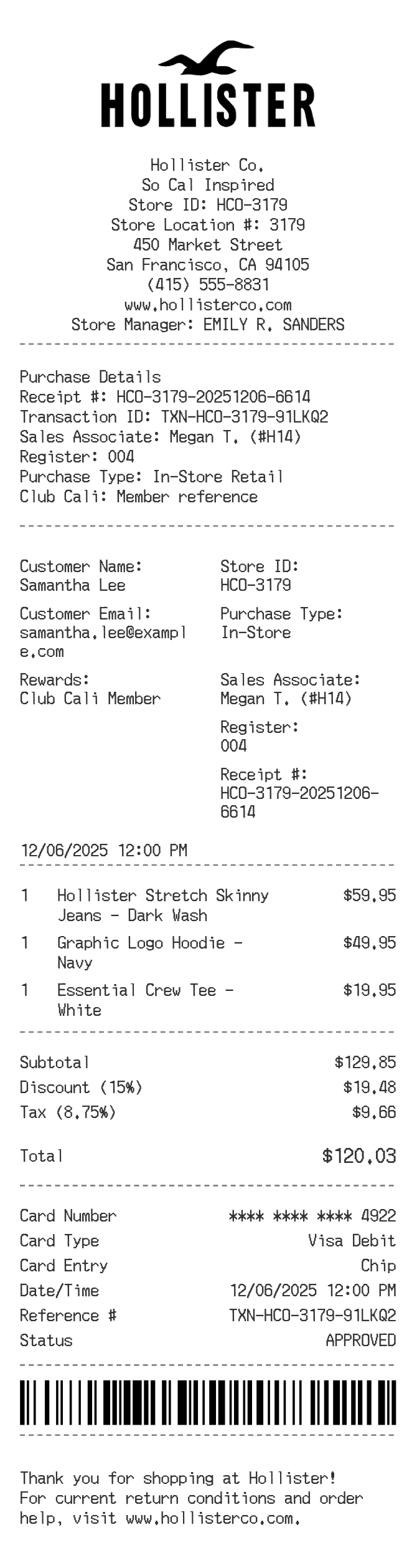 Hollister Receipt — example receipt