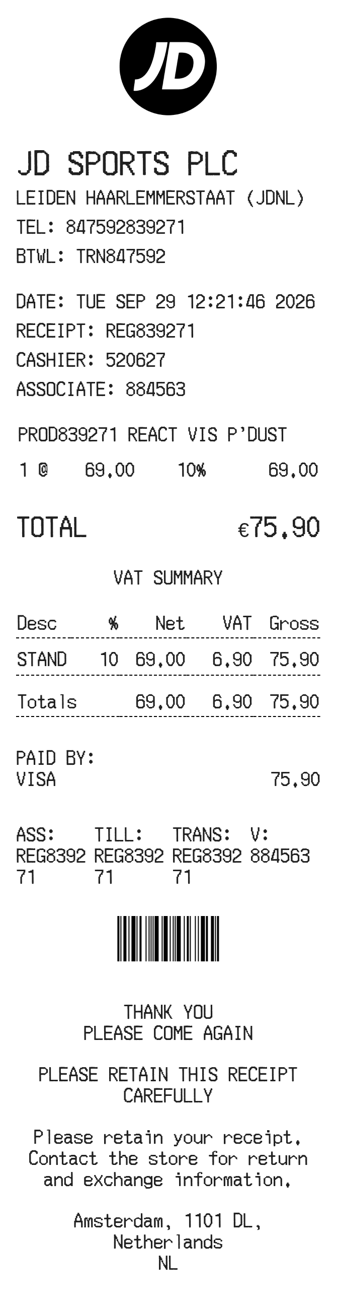 JD Sports Receipt — example receipt