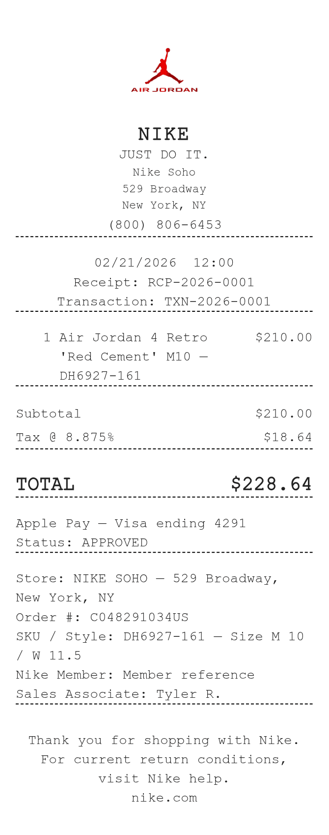 Jordan 4 Receipt — example receipt