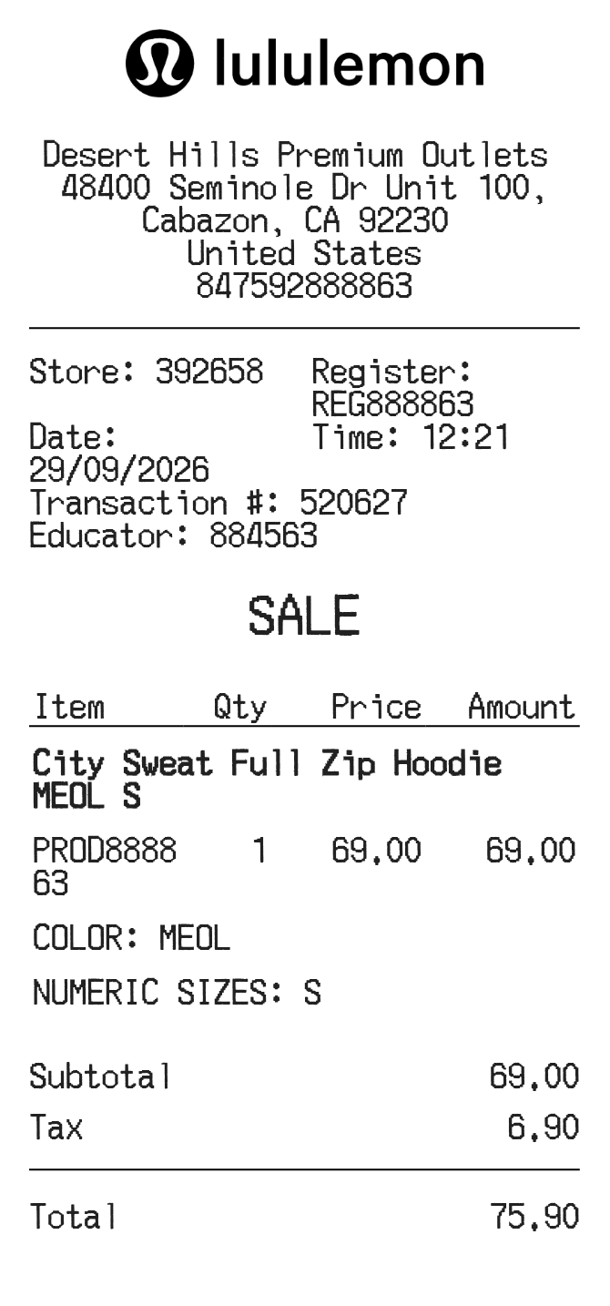 Lululemon Receipt — example receipt