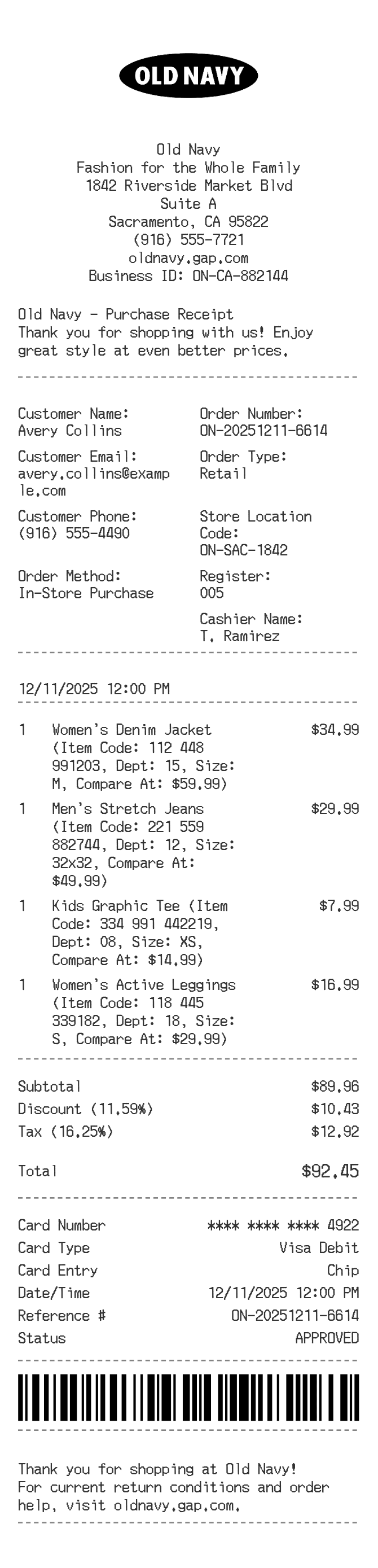 Old Navy Receipt — example receipt