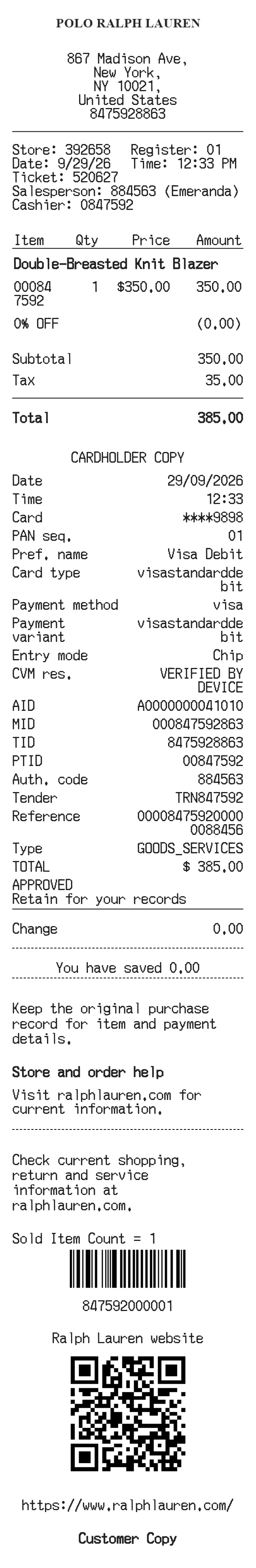 Polo Ralph Lauren Receipt — example receipt