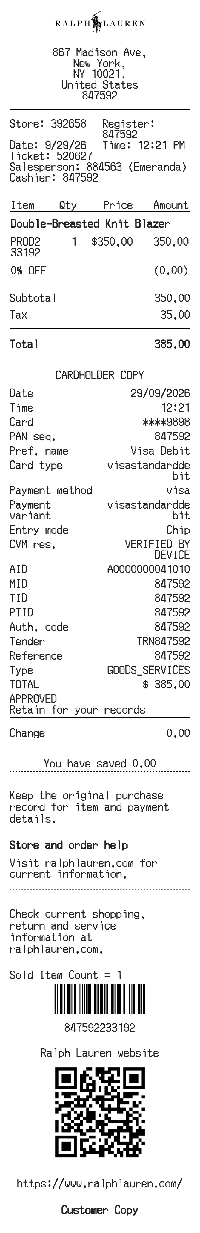 Ralph Lauren Receipt — example receipt