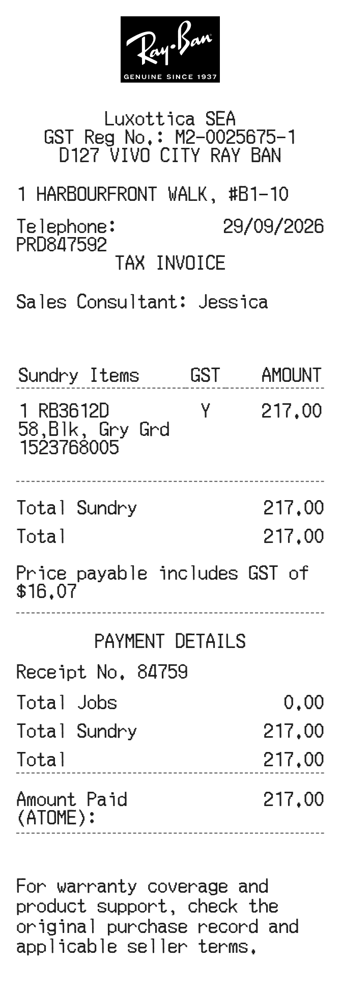 Ray Ban Receipt — example receipt