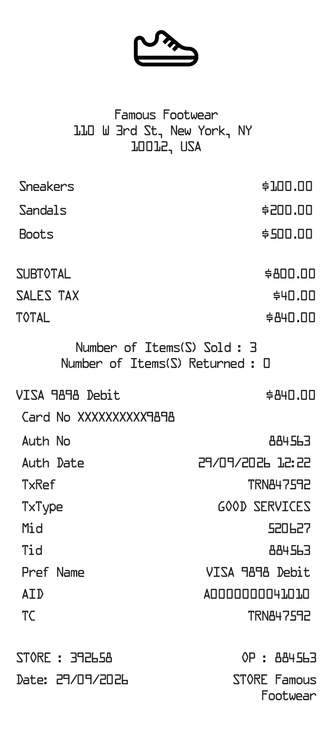 Shoe Receipt — example receipt