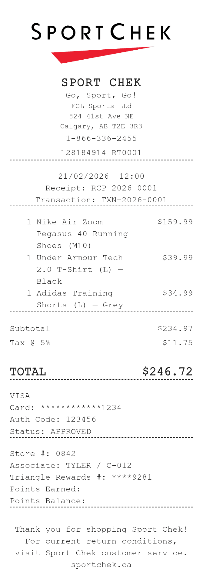Sport Chek Receipt — example receipt