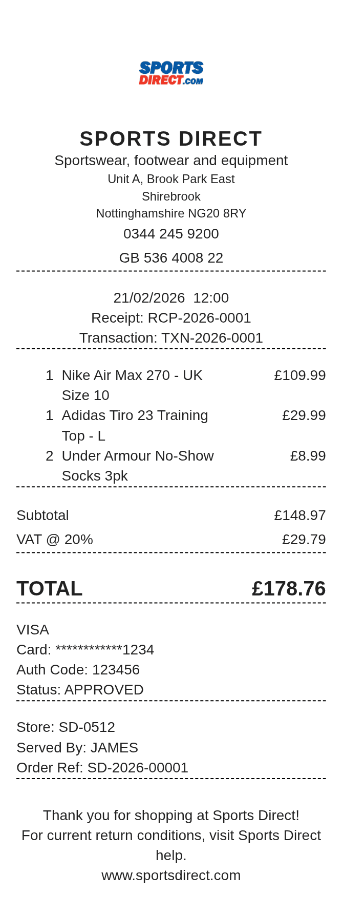 Sports Direct Receipt — example receipt