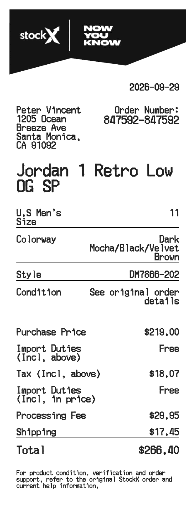 Stockx Receipt — example receipt