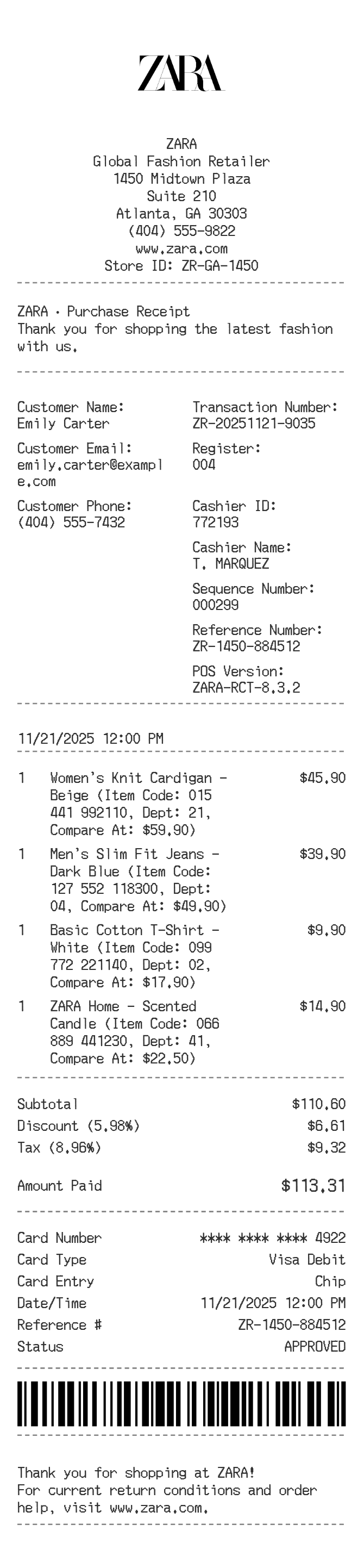 Zara Receipt — example receipt
