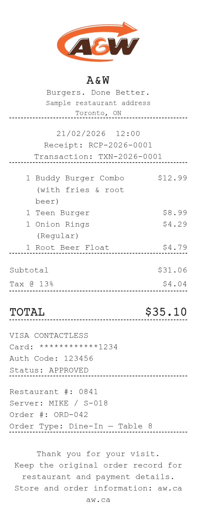 A&W Canada Receipt — example receipt
