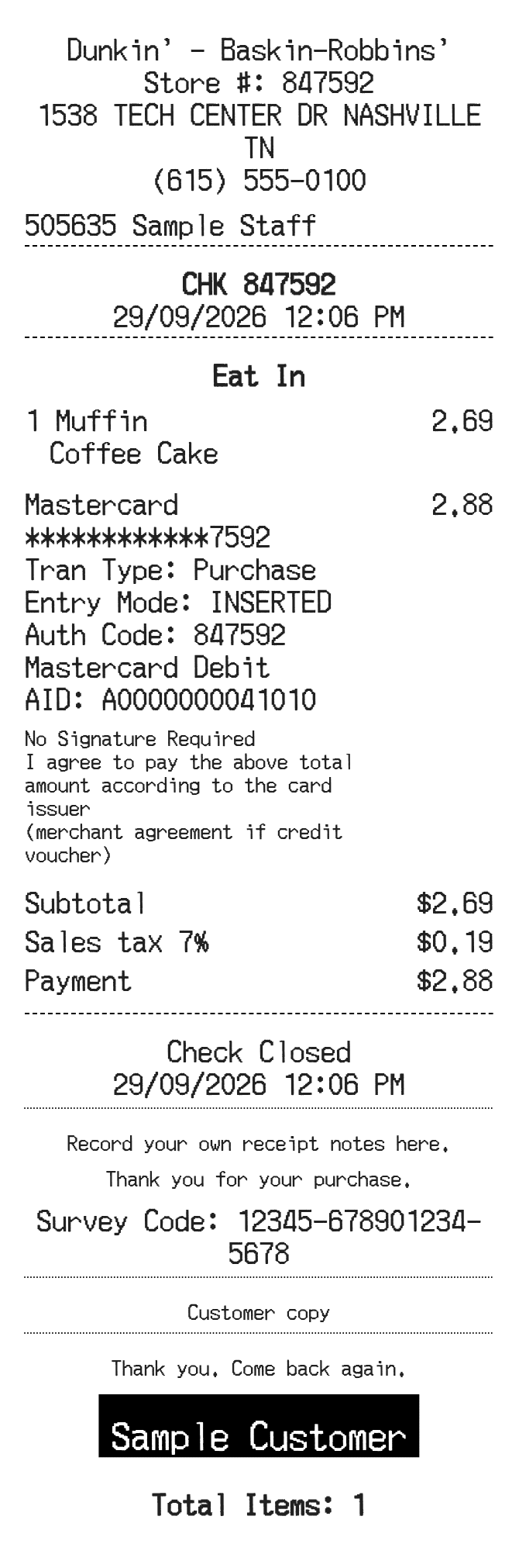 Dunkin Donuts Receipt — example receipt