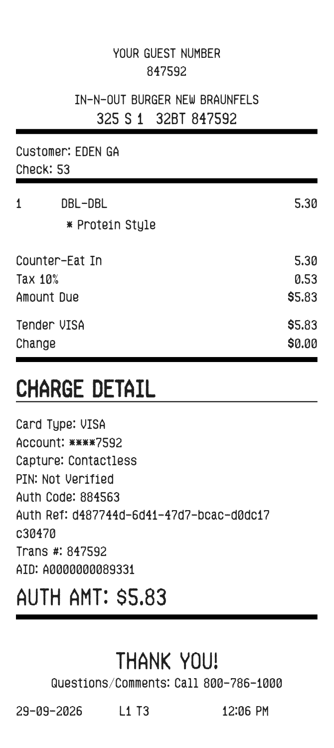 IN-N-OUT Receipt — example receipt