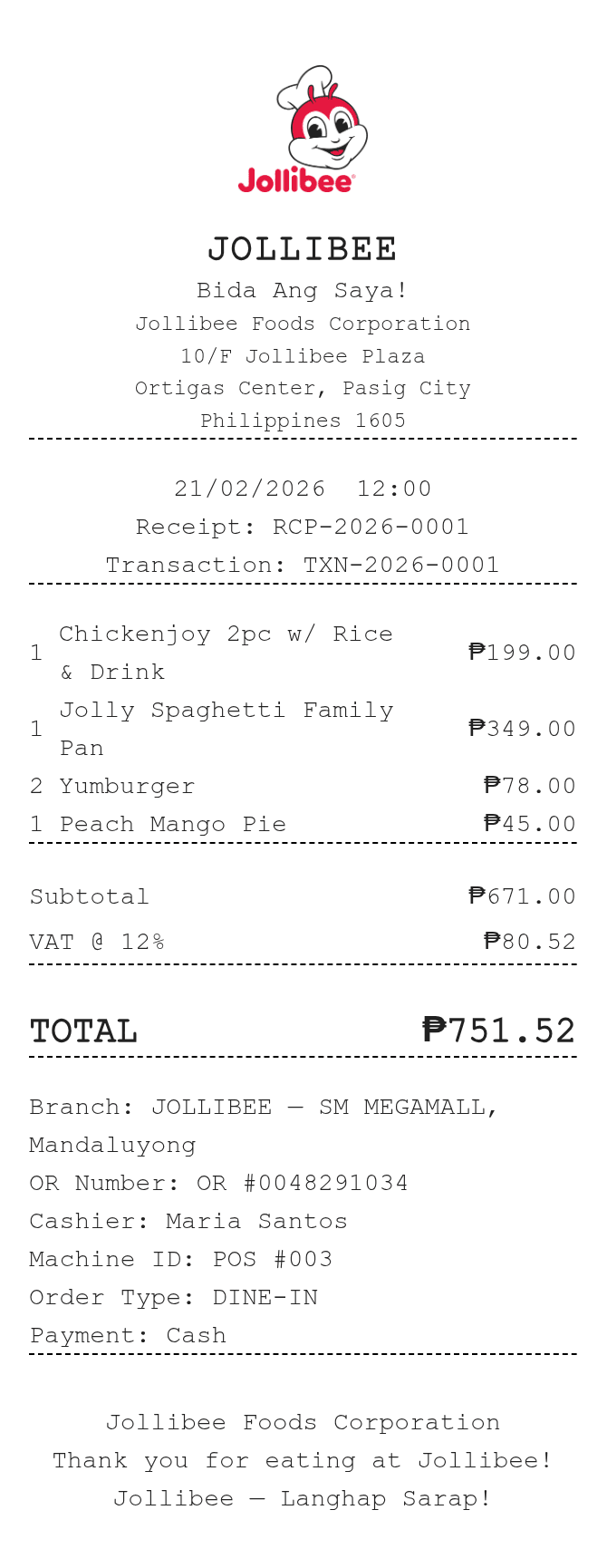 Jollibee Receipt — example receipt