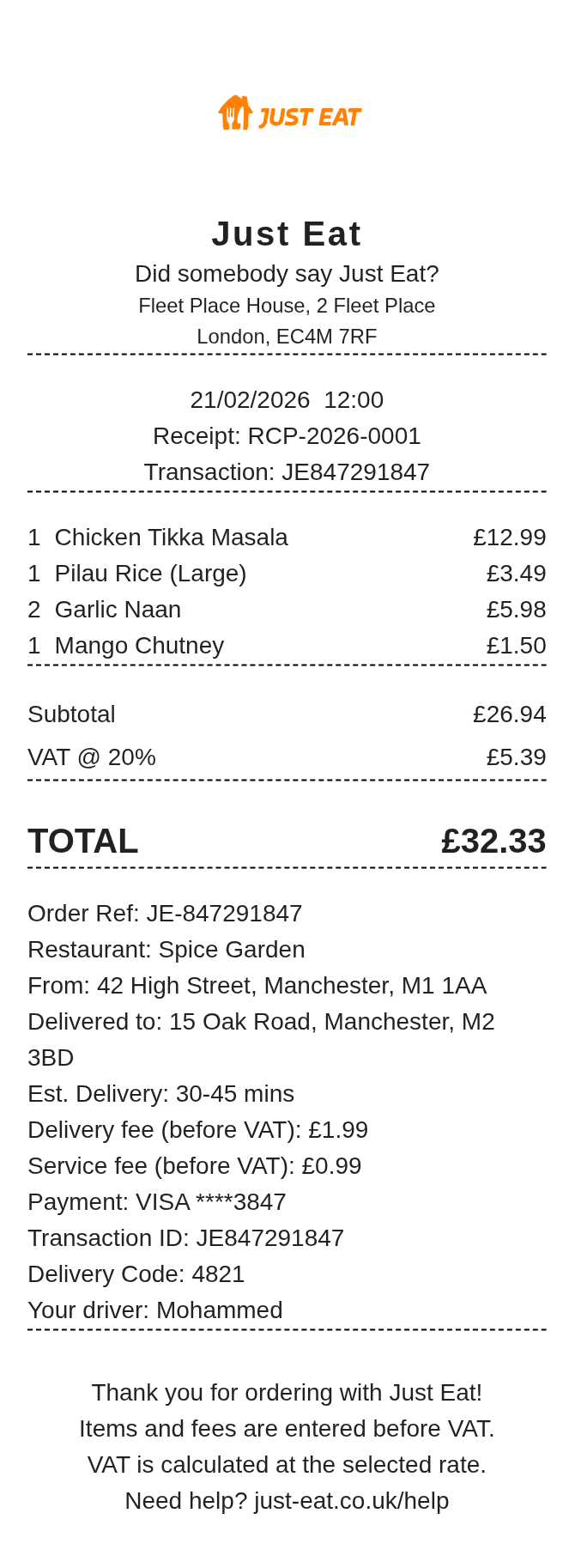 Just Eat Receipt — example receipt